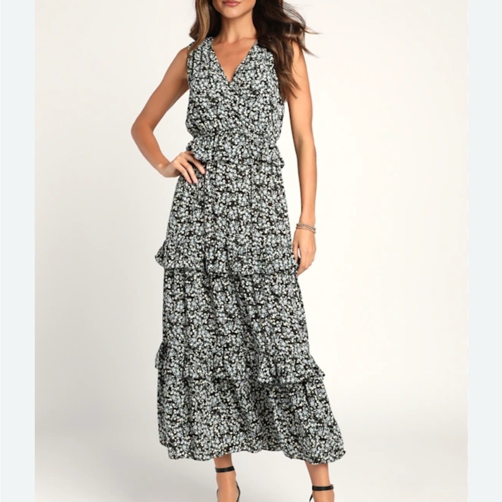 Lulu's Black Blue and White Floral Maxi Dress